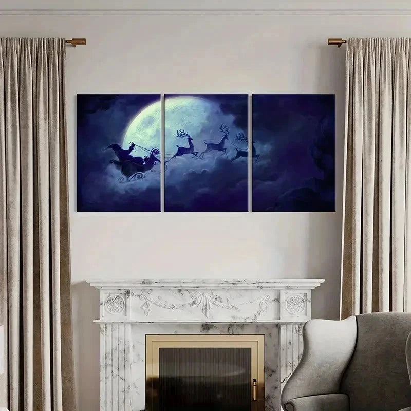 3pcs Santa Claus And Reindeer Under The Moon Wall Art Set Canvas Framed 50x70cm - High Quality Print 100% Australian Made Wall Canvas Ready to Hang