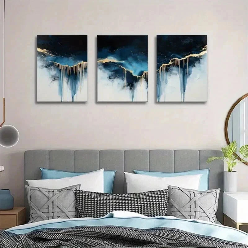 3pcs Abstract Blue & Golden Drip Painting Wall Art Set Canvas Framed 60x90cm - High Quality Print 100% Australian Made Wall Canvas Ready to Hang - Bella Home Decor