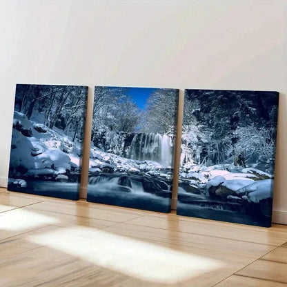 3pcs Winter Snow Scene Waterfall Modern Wall Art Set Canvas Framed 40x60cm - High Quality Print 100% Australian Made Wall Canvas Ready to Hang - Bella Home Decor