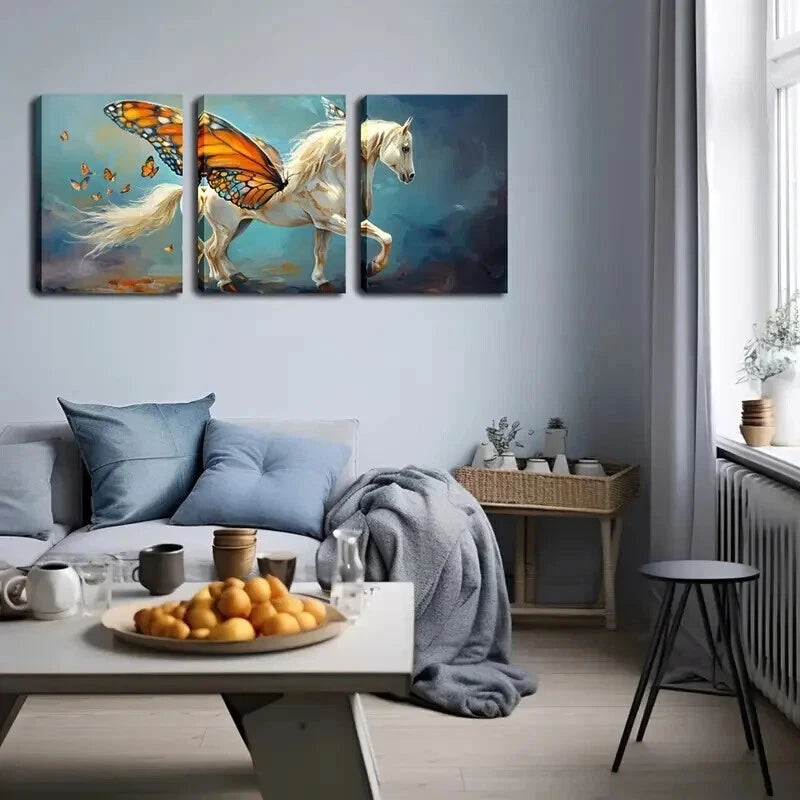 3pcs Horse With Butterfly Wings Blue Perfect Wall Art Set Canvas Framed 60x90cm - High Quality Print 100% Australian Made Wall Canvas Ready to Hang - Bella Home Decor