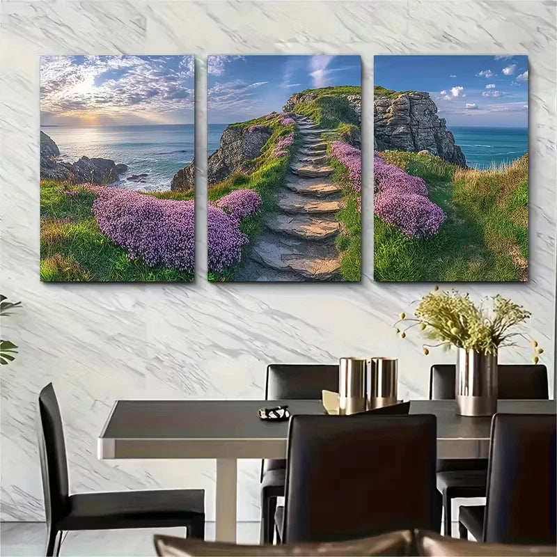 3pcs Thrift growing on cliffs above Bedruthan Metal Print Ready to Hang Art