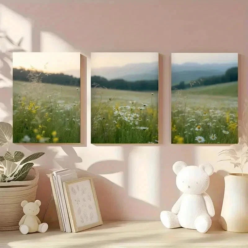 3pcs Wildflowers, Green Hills Canvas  Wall Art Set Canvas Framed 60x90cm - High Quality Print 100% Australian Made Wall Canvas Ready to Hang