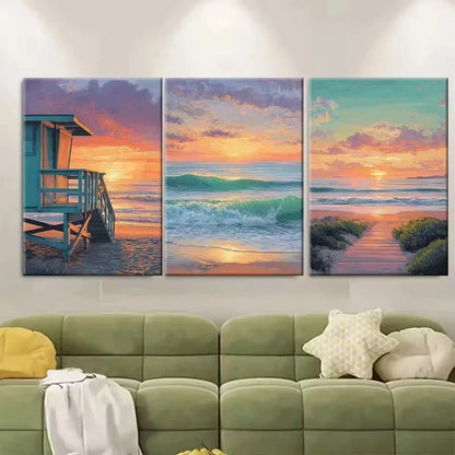 3pcs Abstract Virginia Beach Wall Art Set Canvas Framed 50x70cm - High Quality Print 100% Australian Made Wall Canvas Ready to Hang