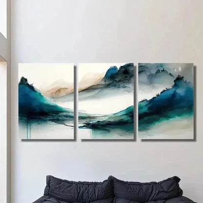 3pcs Green Blue Mountains in the Fog  Wall Art Set Canvas Unframed - High Quality Print 100% Australian Made Wall Canvas