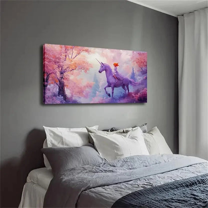 Fairy on Purple Unicorn Cherry Wall Art Canvas Office Home Room Framed 120x60cm - Bella Home Decor