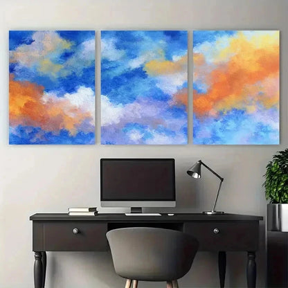 3pcs Vibrant Orange & Blue Sky Painting Perfect Wall Art Set Canvas Framed 50x70cm - High Quality Print 100% Australian Made Wall Canvas Ready to Hang