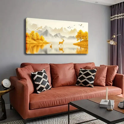 Golden Deer Cubs Lake Décor Wall Art Canvas Office Home Room Framed 120x60cm - Bella Home Decor