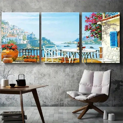 3pcs Vibrant Mediterranean Seaside Pink Flowers Metal Print Ready to Hang Art