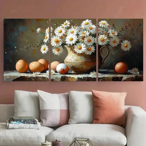 3pcs Impasto Still Life White Daisy Flower Perfect Wall Art Set Canvas Unframed - High Quality Print 100% Australian Made Wall Canvas
