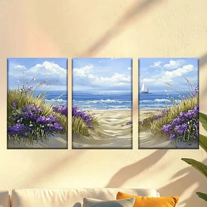 3pcs Painting of a Beach Scene, Sail, and Flowers Wall Art Canvas Unframed – High Quality Print 100% Australian Made Wall Canvas