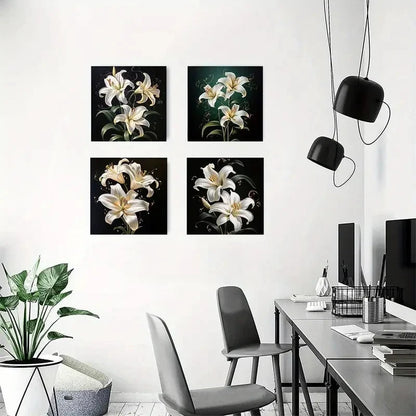 4pcs Elegant White Lilies & Golden Swirls Wall Art Canvas Framed