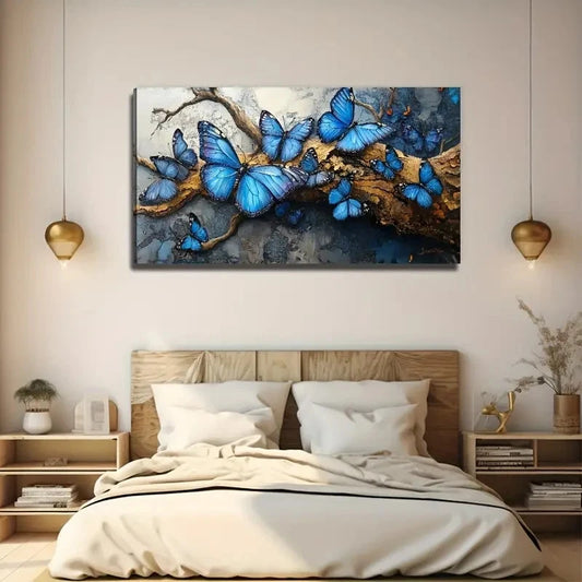 Bohemian Style Blue Butterfly Wall Art Canvas Office Home Room Framed 120x60cm