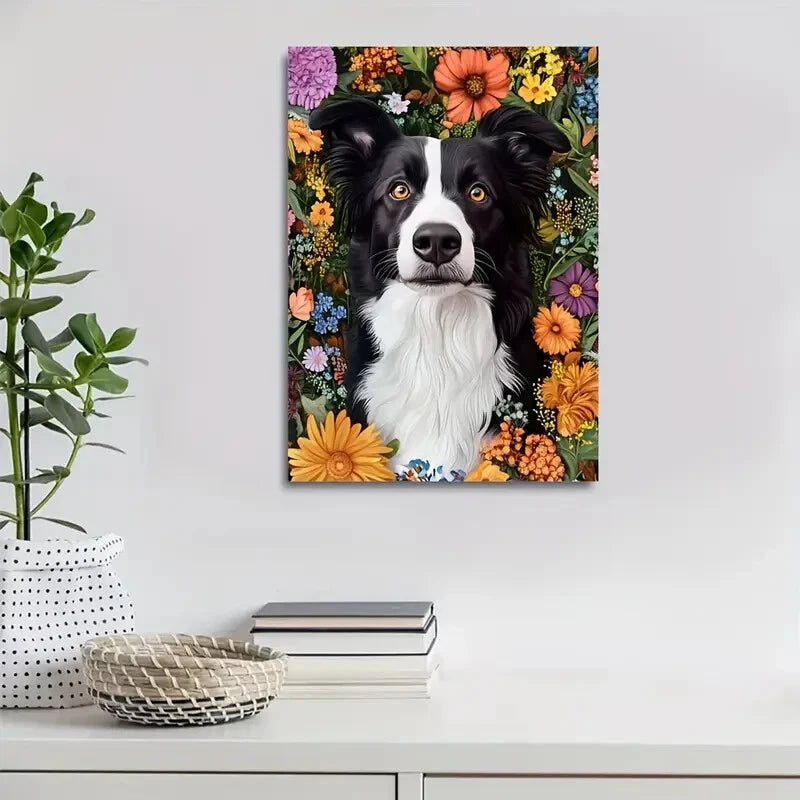 Cute Border Collie with Vibrant Floral Border Painting 40x60cm Metal Print Ready to Hang