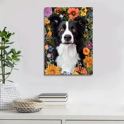 Cute Border Collie with Vibrant Floral Border Painting 40x60cm Metal Print Ready to Hang