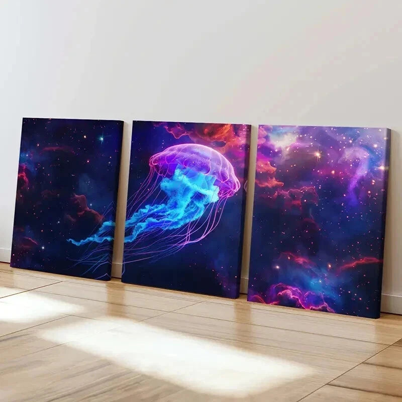 3pcs Vibrant Neon Jellyfish & Cosmic Wall Art Set Canvas Framed 60x90cm - High Quality Print 100% Australian Made Wall Canvas Ready to Hang - Bella Home Decor
