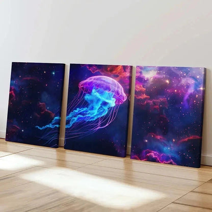 3pcs Vibrant Neon Jellyfish & Cosmic Wall Art Set Canvas Framed 60x90cm - High Quality Print 100% Australian Made Wall Canvas Ready to Hang - Bella Home Decor