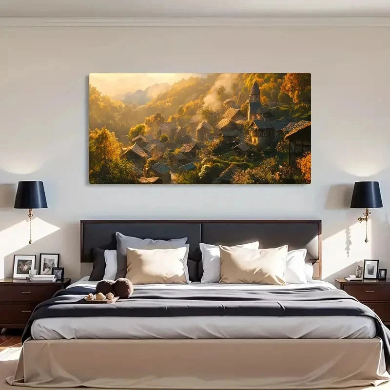 Countryside Trees Village Wall Art Canvas Office Home Room Framed 120x60cm - Bella Home Decor
