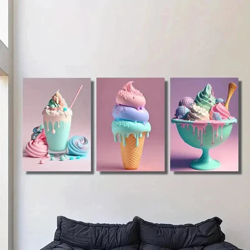3pcs Vibrant Colorful Ice Cream Dessert Wall Art Canvas Unframed - High Quality Print 100% Australian Made Wall Canvas
