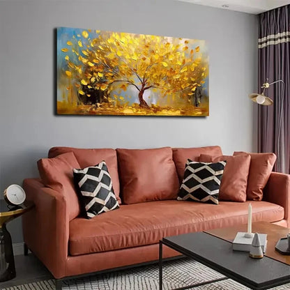 Golden Leaves Tree Minimalist Wall Art Canvas Office Home Room Framed 120x60cm - Bella Home Decor