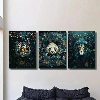 3pcs Blue Geometric Tiger Lion and Giant Panda Wall Art Canvas Unframed - High Quality Print 100% Australian Made Wall Canvas - Bella Home Decor