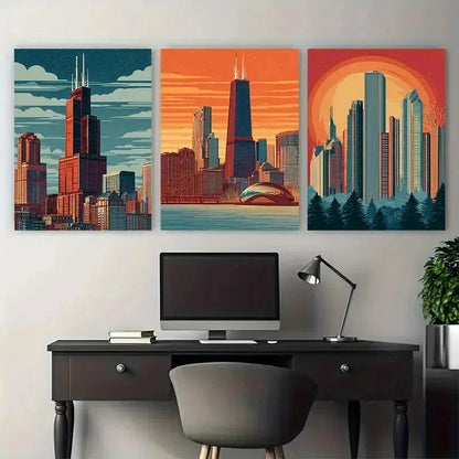 3pcs Chicago City Decor Skyline Perfect Wall Art Set Canvas Framed 50x70cm - High Quality Print 100% Australian Made Wall Canvas Ready to Hang - Bella Home Decor