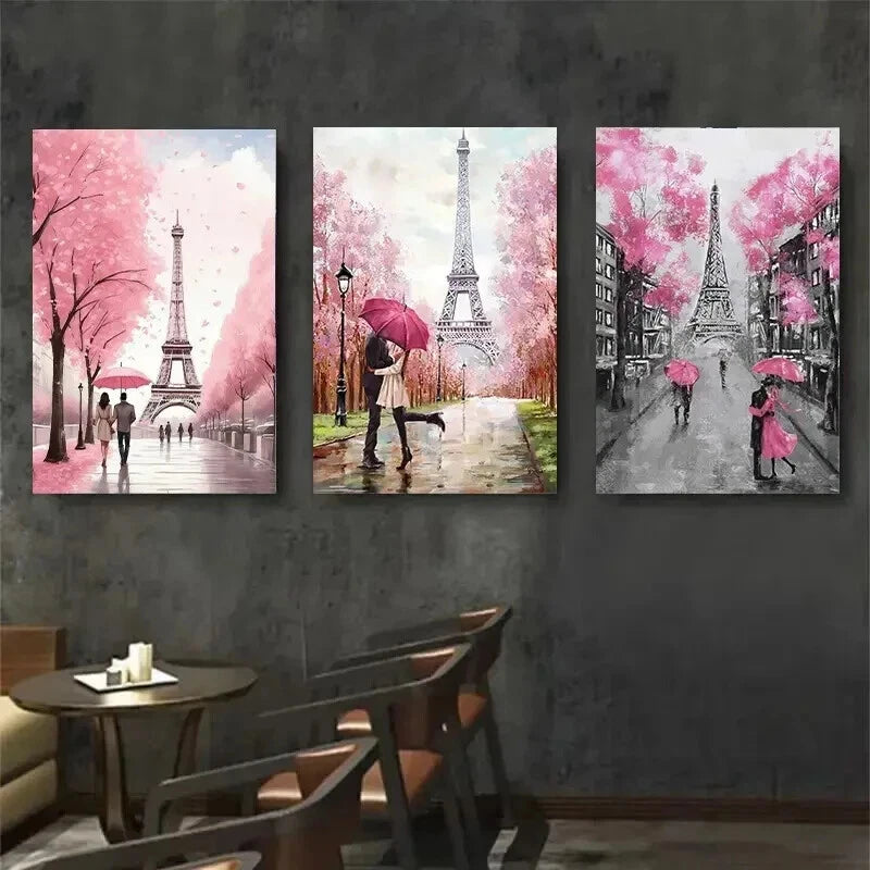 3pcs Eiffel Tower Paris Pink Umbrella Perfect Wall Art Set Canvas Framed 50x70cm - High Quality Print 100% Australian Made Wall Canvas Ready to Hang - Bella Home Decor