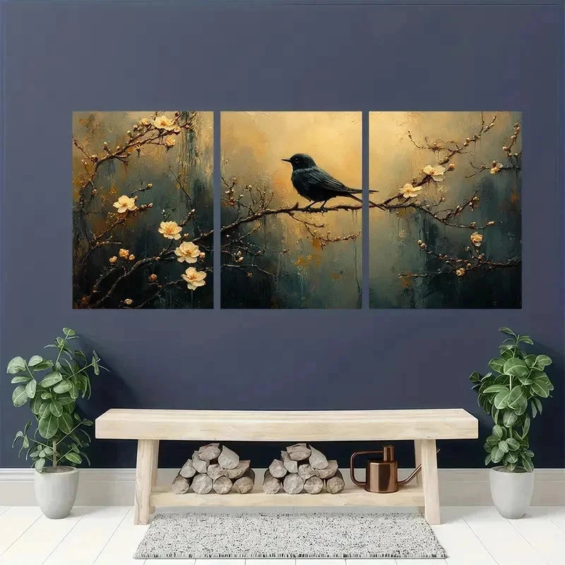 3pcs Whimsical Dog & Blossom Design Perfect Wall Art Set Canvas Framed 50x70cm - High Quality Print 100% Australian Made Wall Canvas Ready to Hang