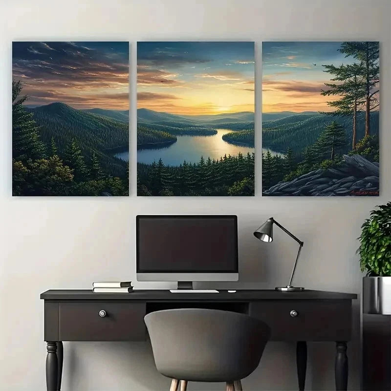 3pcs Sunset Scenic Lake View With Pine Perfect Wall Art Set Canvas Framed 50x70cm - High Quality Print 100% Australian Made Wall Canvas Ready to Hang