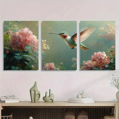 3pcs Vibrant Hummingbird & Hydrangea Perfect Wall Art Set Canvas Framed 50x70cm - High Quality Print 100% Australian Made Wall Canvas Ready to Hang