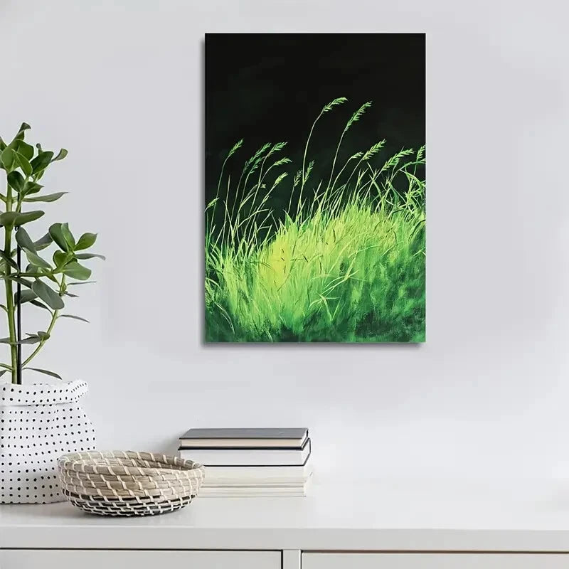 Vibrant Emerald Dog Tail Grassland Painting 40x60cm Metal Print Ready to Hang - Bella Home Decor