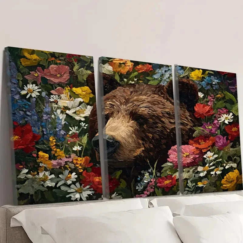3pcs bear in flowers Wall Art Set Canvas Framed 50x70cm - High Quality Print 100% Australian Made Wall Canvas Ready to Hang - Bella Home Decor