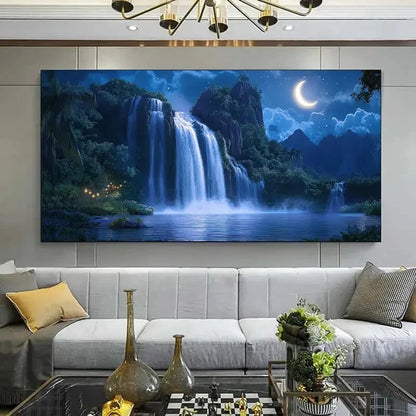 Waterfalls & Crescent Moon Wall Art Canvas Office Home Room Framed 120x60cm