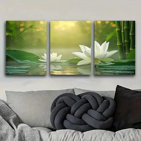3pcs White for Lotus Flowers in Pond Wall Art Set Canvas Unframed - High Quality Print 100% Australian Made Wall Canvas - Bella Home Decor