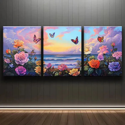 3pcs Roses and Butterflies on the Beach Perfect Wall Art Set Canvas Unframed - High Quality Print 100% Australian Made Wall Canvas