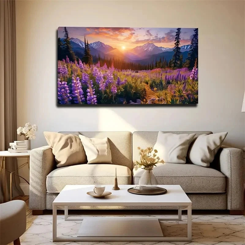 Vibrant Purple Flowers Under Wall Art Canvas Office Home Room Framed 120x60cm