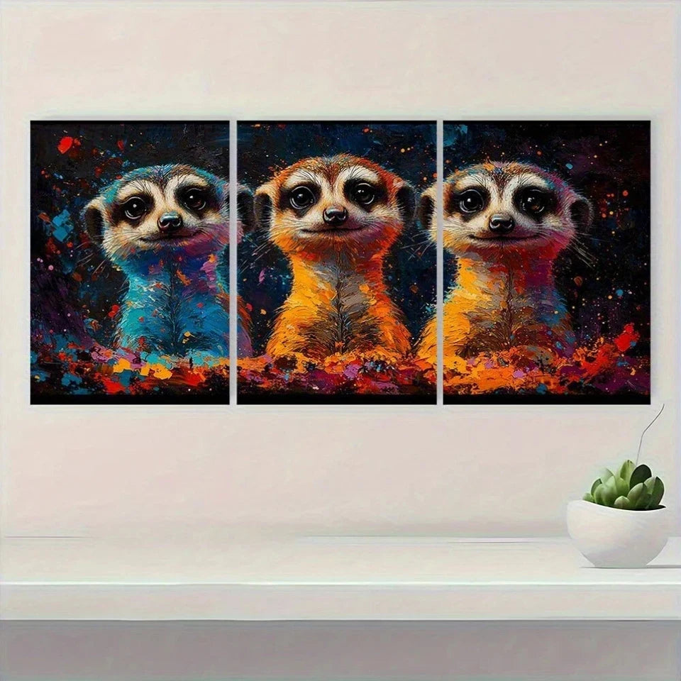 3pcs Colorful Meerkats Animal Abstract Metal Print Ready to Hang Art - Bella Home Decor