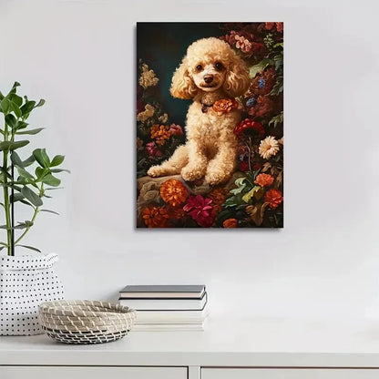 Cute Poodle Dog with Flowers & Plants Painting 40x60cm Metal Print Ready to Hang - Bella Home Decor