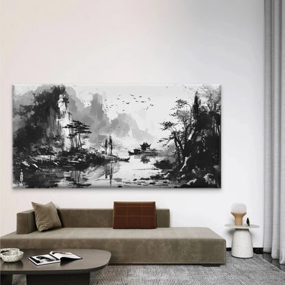 Chinese Ink Wash Style Landscap Wall Art Canvas Office Home Room Framed 120x60cm