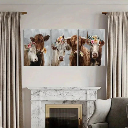 3pcs Highland Cattle with Flowers Vintage Wall Art Set Canvas Framed 50x70cm - High Quality Print 100% Australian Made Wall Canvas Ready to Hang