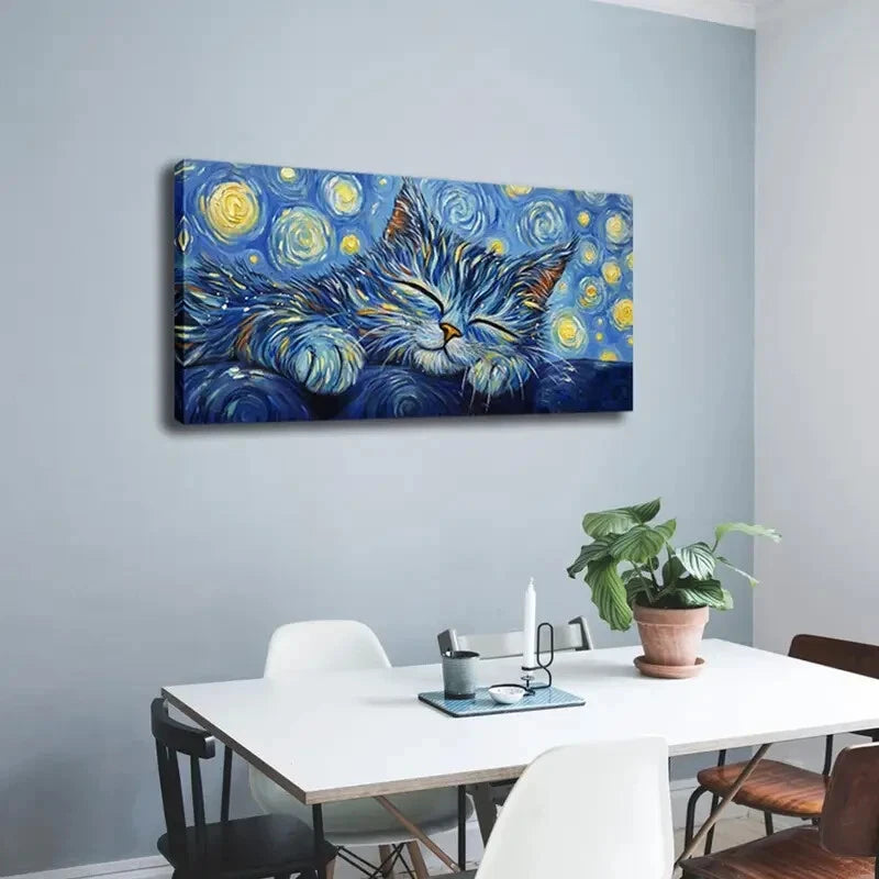 Sleeping Cat with Starry Night Wall Art Canvas Office Home Room Framed 120x60cm - Bella Home Decor