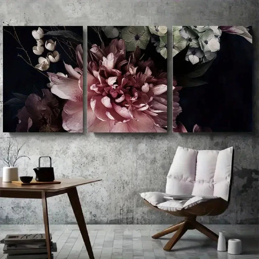 3pcs Dramatic Dark Floral Peony and Hydrangea Wall Art Set Canvas Framed 60x90cm - High Quality Print 100% Australian Made Wall Canvas Ready to Hang