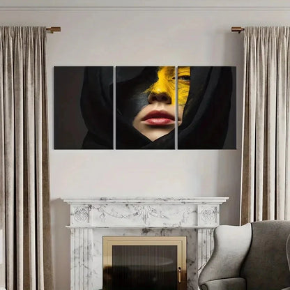 3pcs Modern Decor Yellow Black Face Red Lips  Wall Art Set Canvas Framed 50x70cm - High Quality Print 100% Australian Made Wall Canvas Ready to Hang