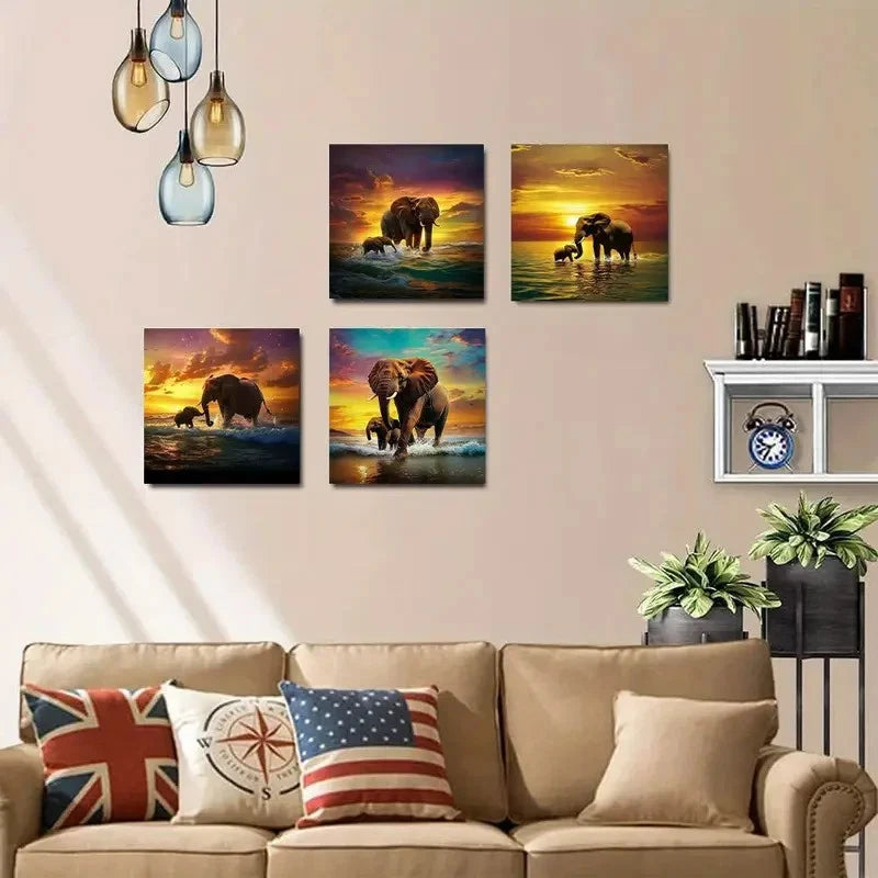 4pcs Animals Elephant Herd Modern Wall Art Canvas Framed