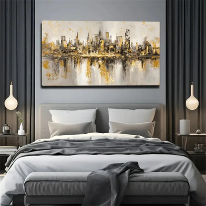 Beige & Golden Urban Reflection Wall Art Canvas Office Home Room Framed 120x60cm