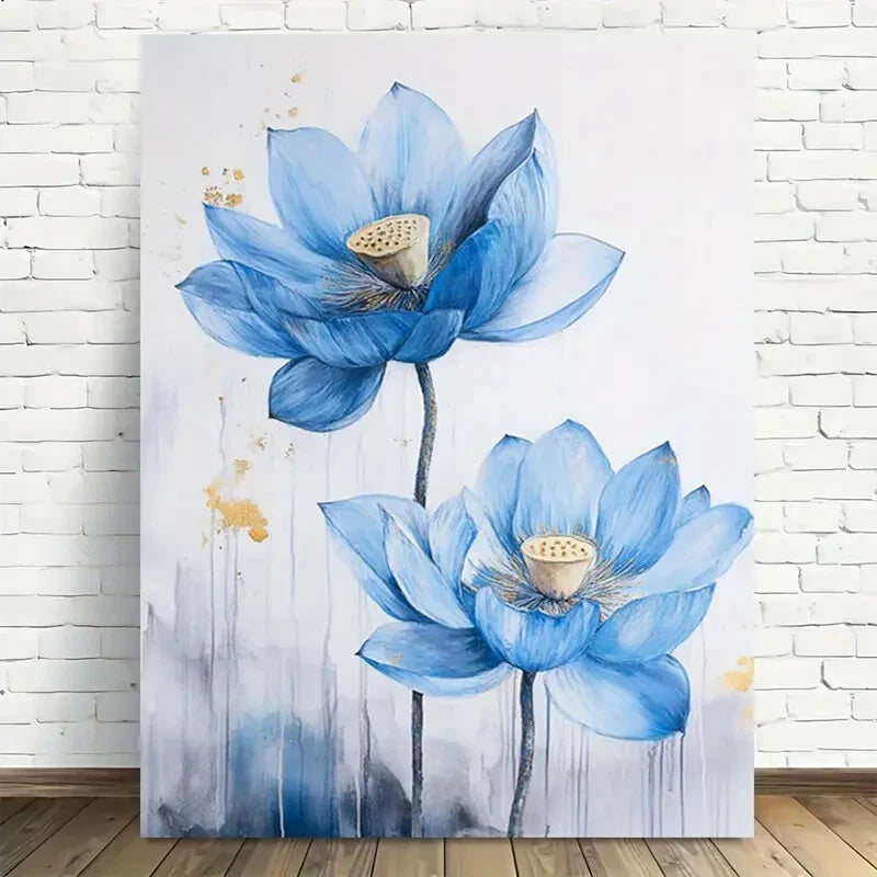 Beautiful Blue For Lotus Flower Painting 40x60cm Metal Print Ready to Hang - Bella Home Decor