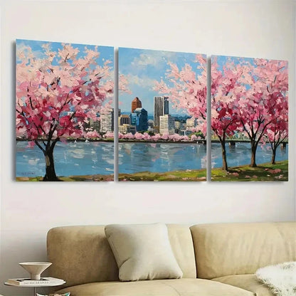 3pcs Cherry Blossoms Cityscape Sakura Artwork Wall Art Set Canvas Framed 60x90cm - High Quality Print 100% Australian Made Wall Canvas Ready to Hang - Bella Home Decor