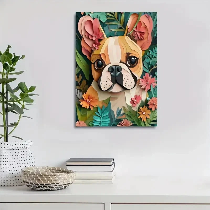 Cute Bulldog with Vibrant Floral & Leaf Painting 40x60cm Metal Print Ready to Hang