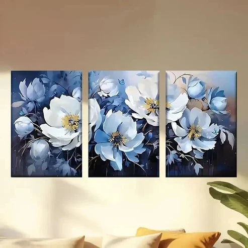 3pcs Painting of White Flowers on a Blue Wall Art Canvas Unframed – High Quality Print 100% Australian Made Wall Canvas
