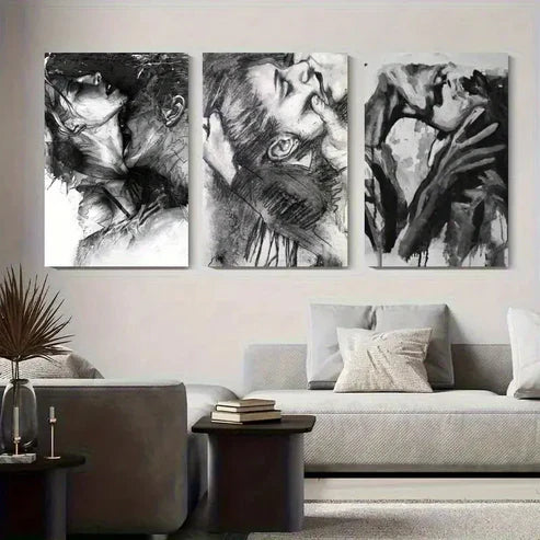 3pcs Black And White Passionate Lovers Perfect Wall Art Set Canvas Unframed - High Quality Print 100% Australian Made Wall Canvas - Bella Home Decor