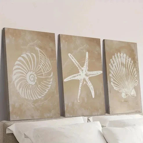 3pcs Coastal Seashell & Starfish Painting Wall Art Set Canvas Unframed - High Quality Print 100% Australian Made Wall Canvas